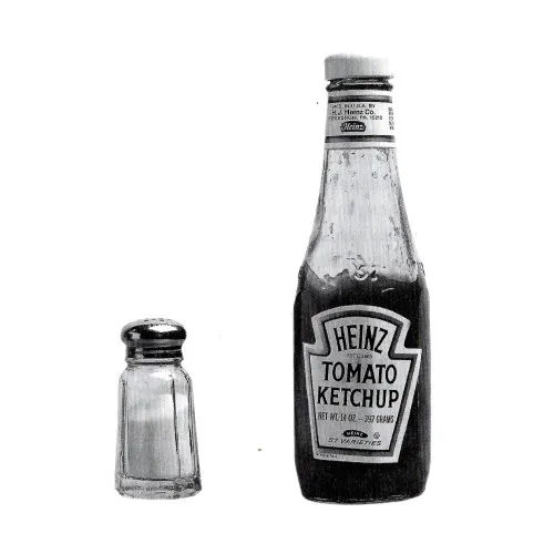 Photo of salt shaker and ketchup bottle.