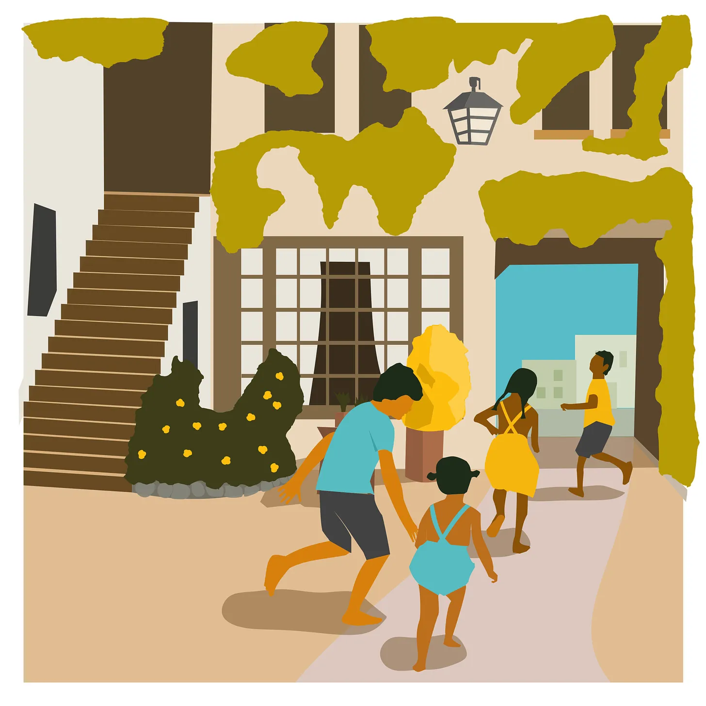 Illustration of kids playing in a courtyard.