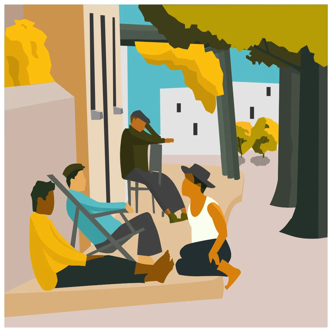 Illustration of people sitting in front of a building.