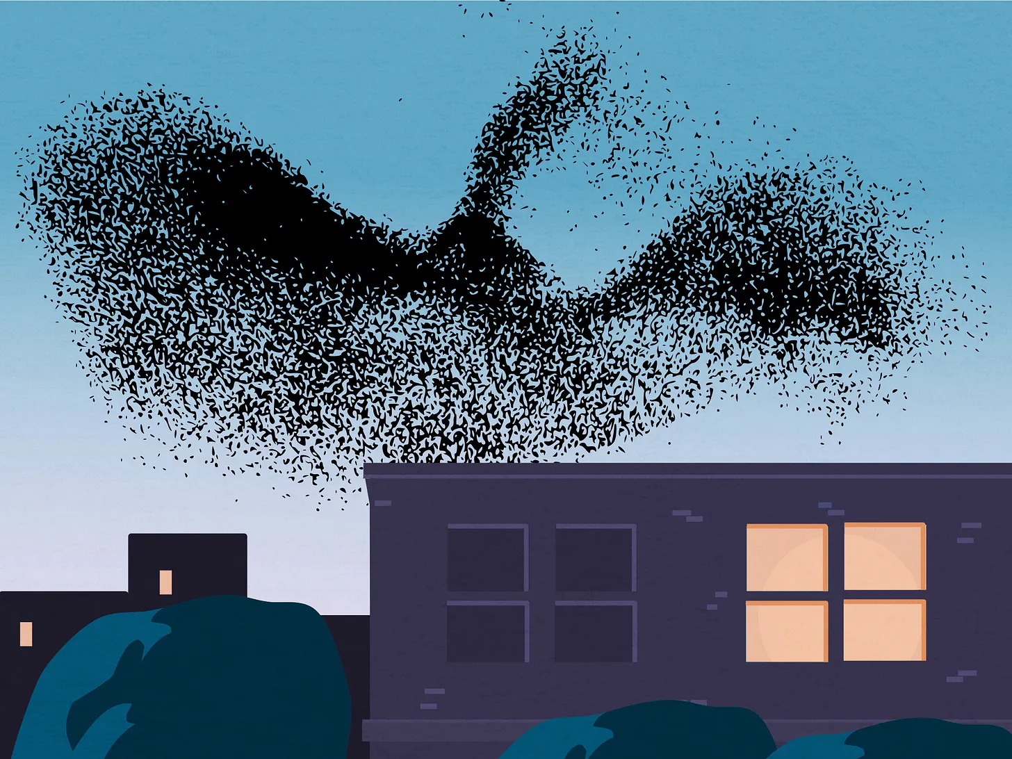 Illustration of starlings flying above a building.