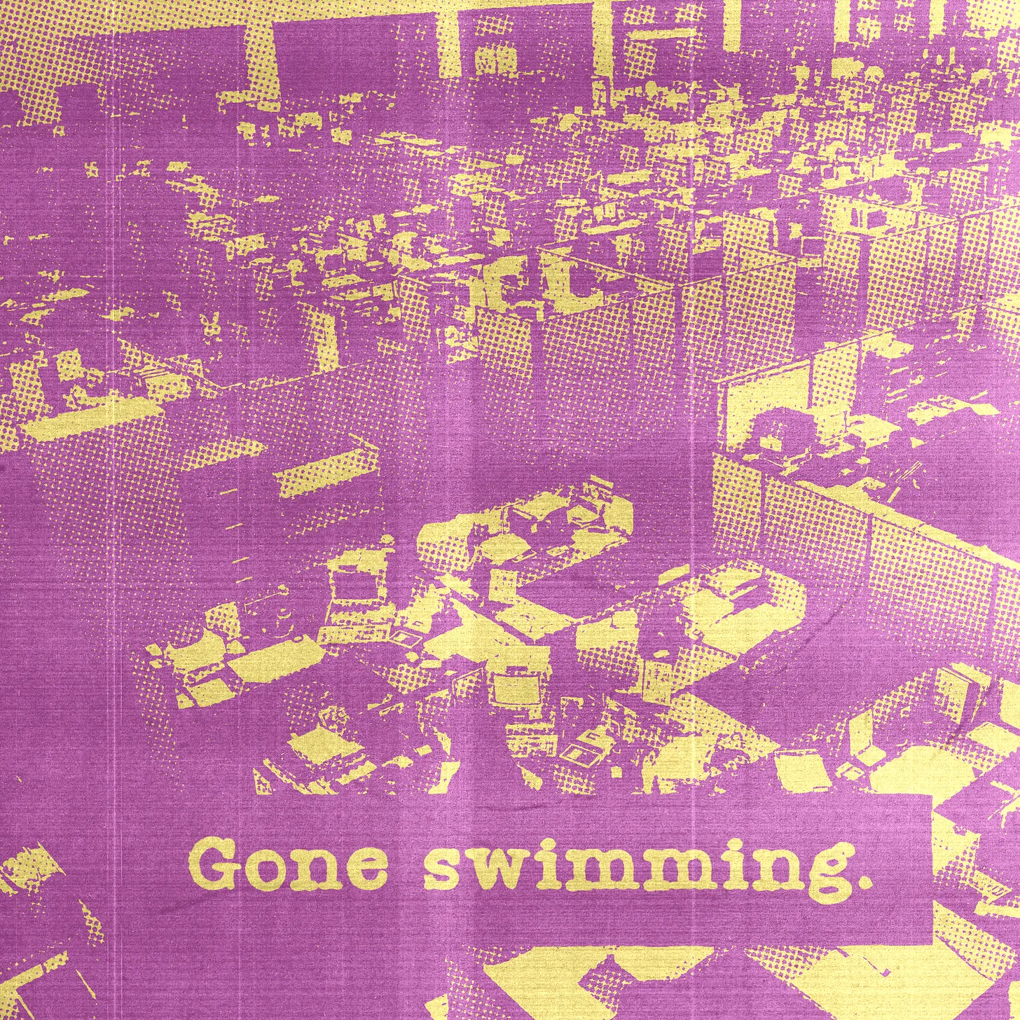 Empty office with overlay that says, "gone swimming."