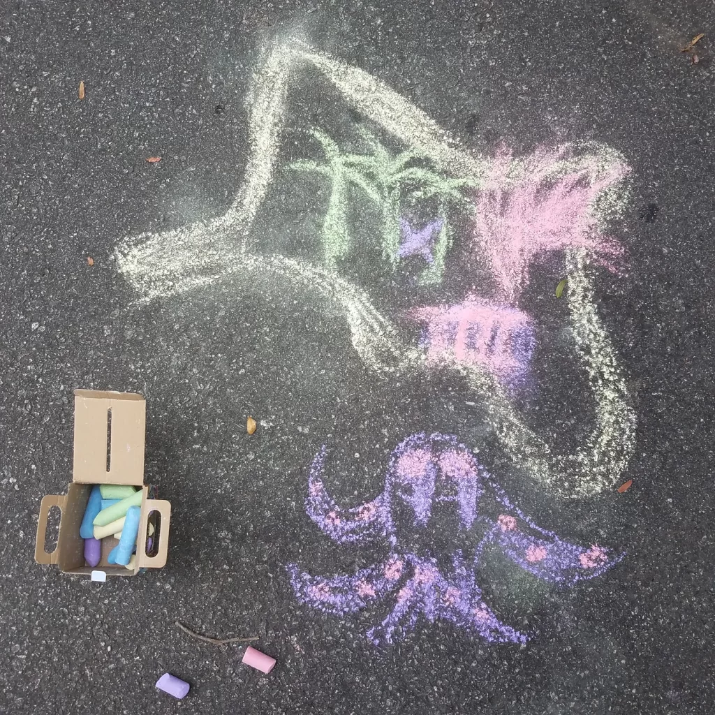 Child's sidewalk chalk drawing of a pirate island
