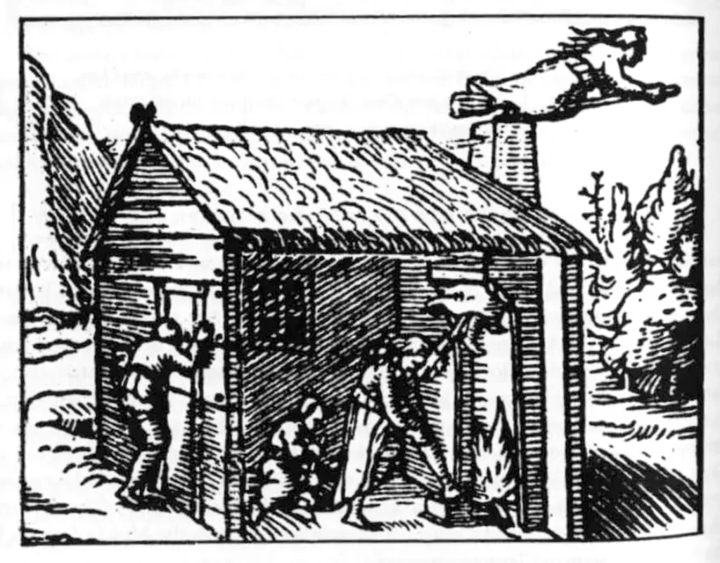 Woodcut of witches escaping house through chimney.
