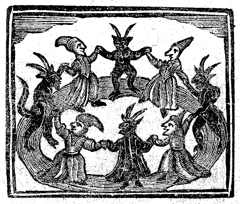 Woodcut of demons and witches dancing.