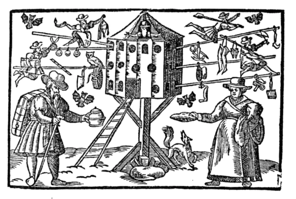 Woodcut of anabaptists with small house.