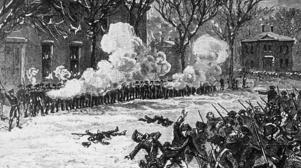 Engraving of soldier firing on protestors during Shay's Rebellion.