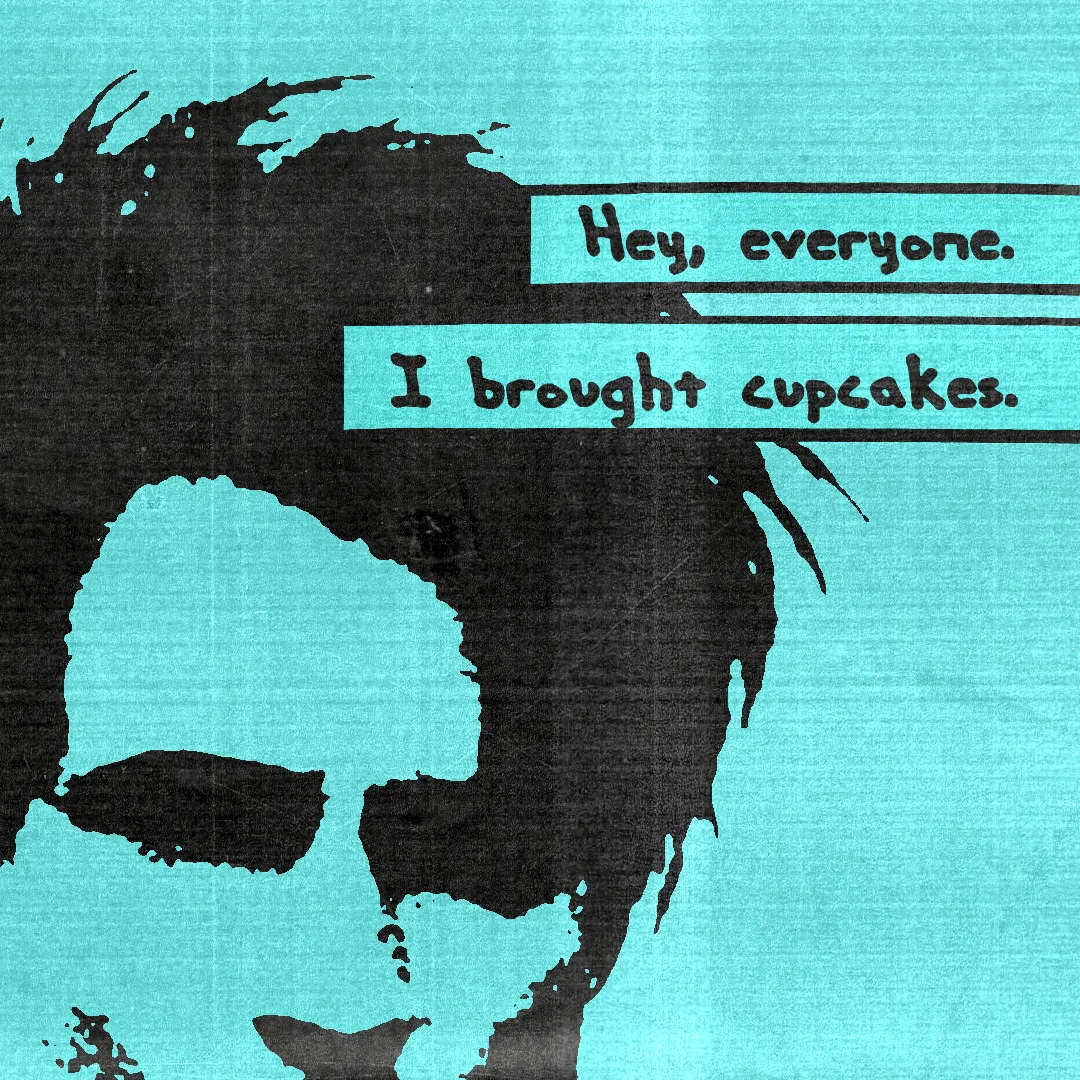 Photocopy image of Morpheus saying, "hey everyone, I brought cupcakes."